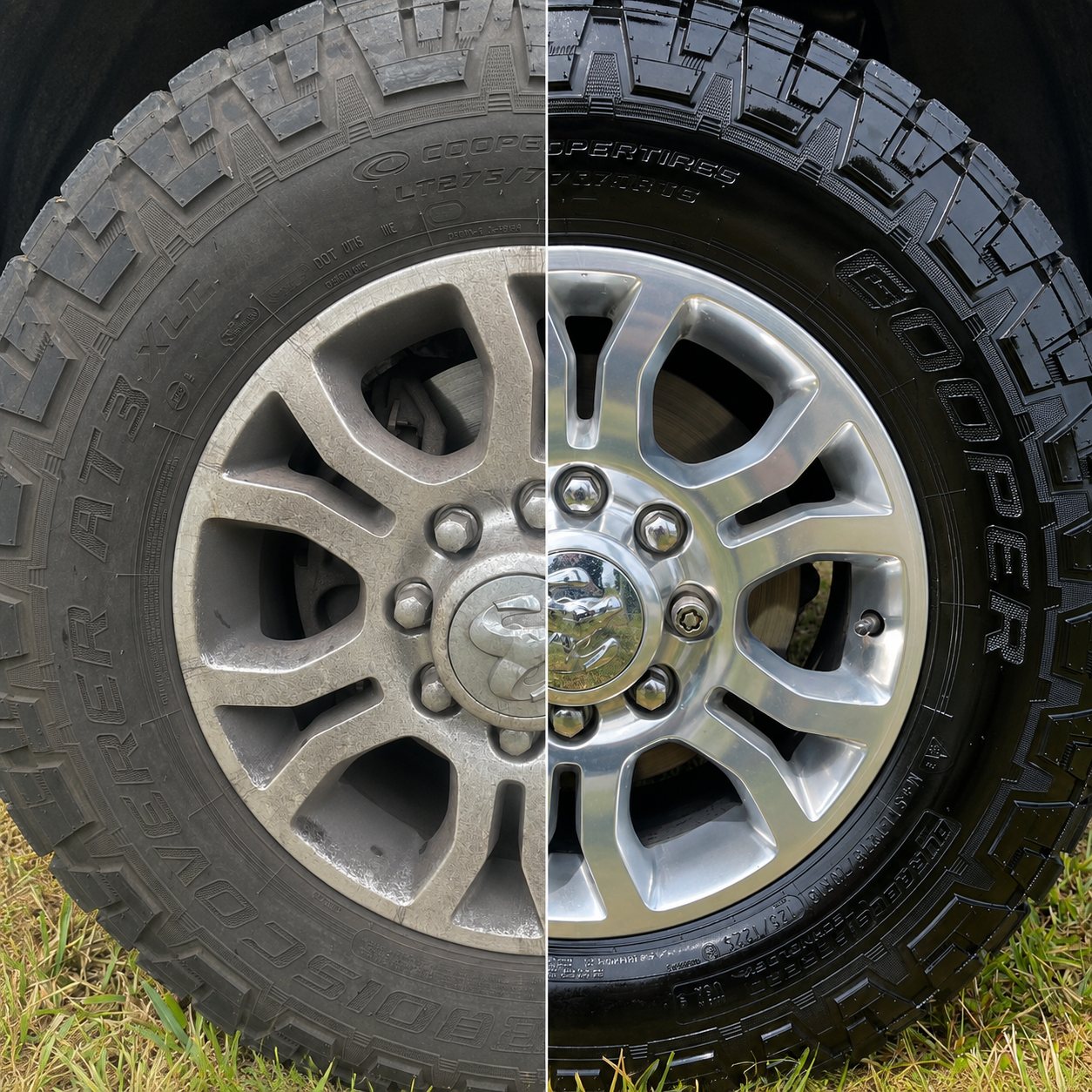 Before and after wheel and tire detailing result
